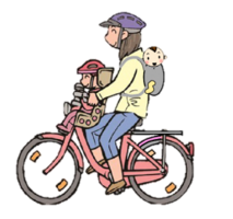 イラスト：幼児を乗せることができる場合　前座席に1人・おんぶ