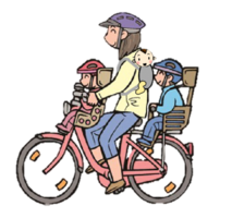 イラスト：幼児を乗せることができる場合　前後座席に1人ずつ・おんぶ