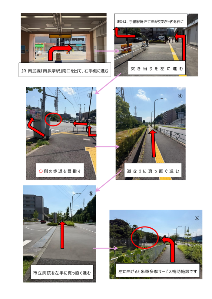 画像：南多摩駅から米軍多摩サービス補助施設までの道順