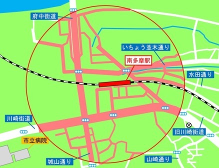 地图：南多摩站周边的自行车等禁止停放区域图