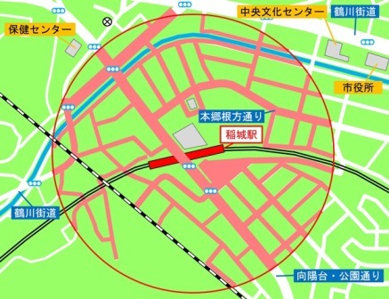 地圖：稻城站周邊的自行車等放置禁止區域圖