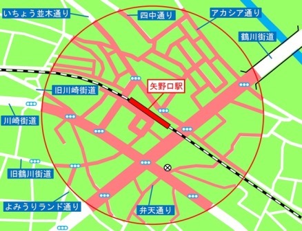 地圖：矢野口站周邊的自行車等放置禁止區域圖