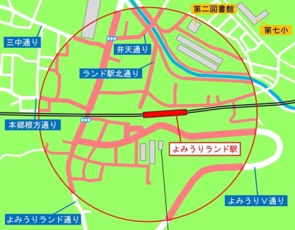 地圖：讀賣樂園站周邊的自行車等放置禁止區域圖